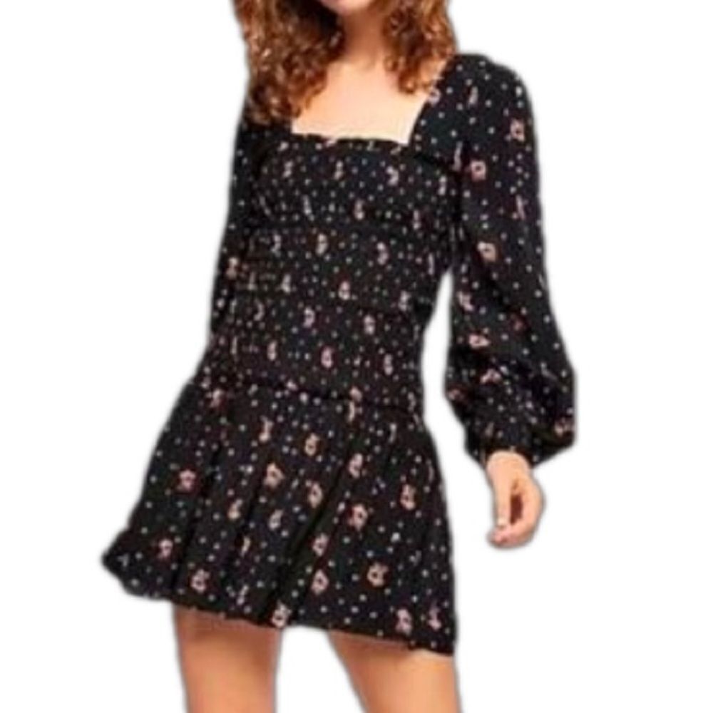 Free People Black Two Faces Milkmaid Smocked Mini Dress Size Small Floral